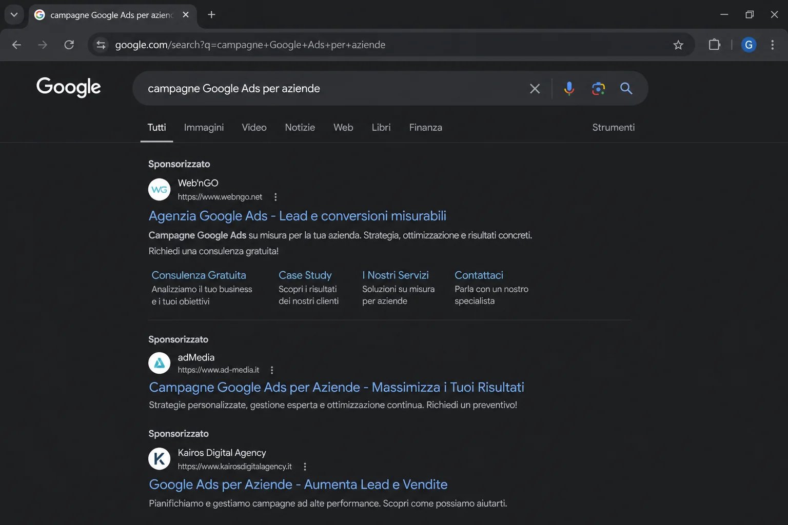 Risultati di ricerca Google per "campagne Google Ads per aziende" con Web'nGO in prima posizione
