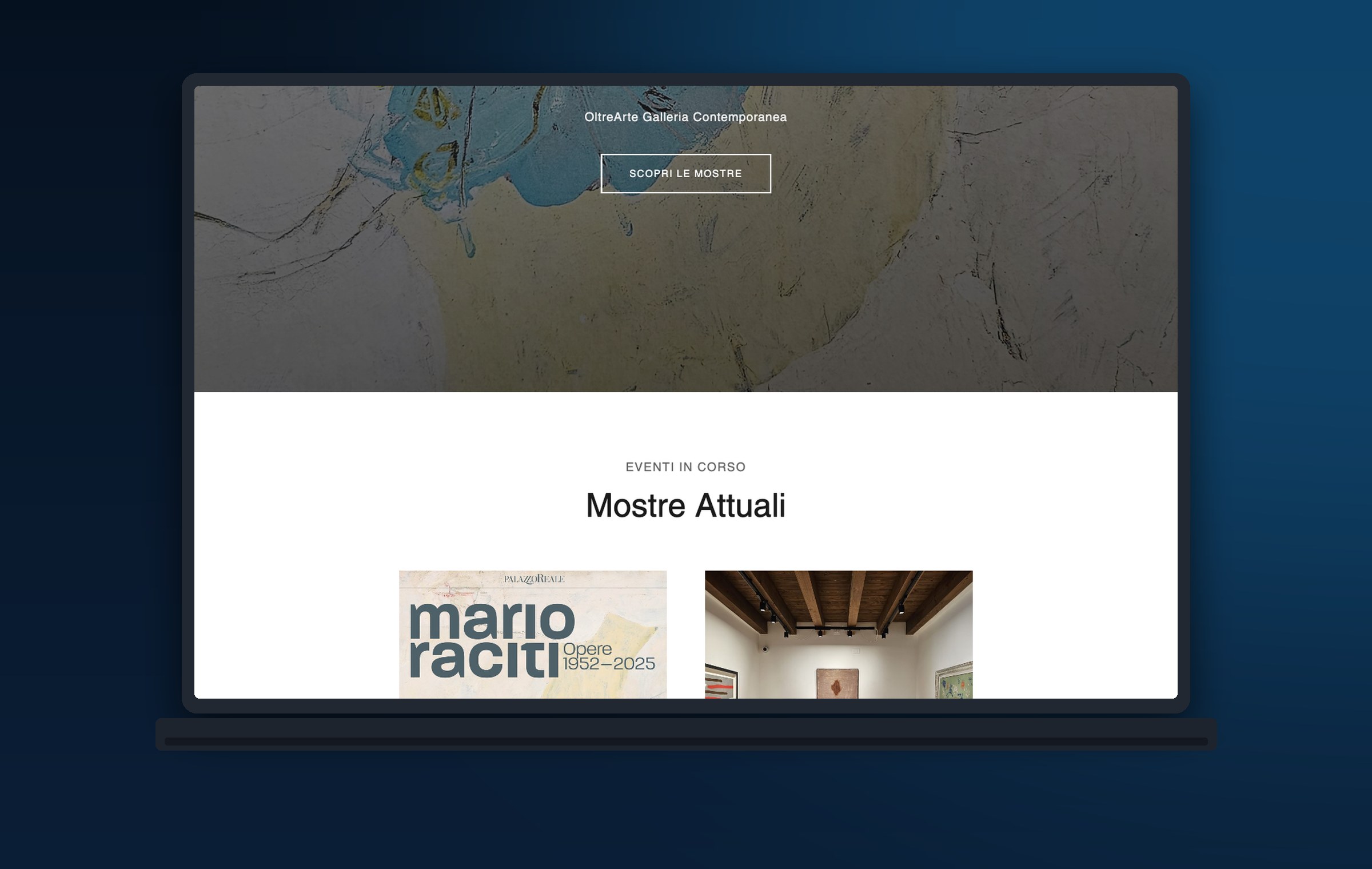 The new OltreArte Galleria Contemporanea website on a laptop