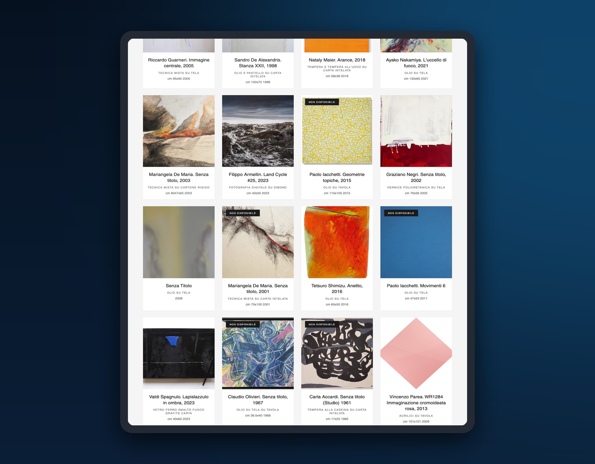 The OltreArte website on a tablet