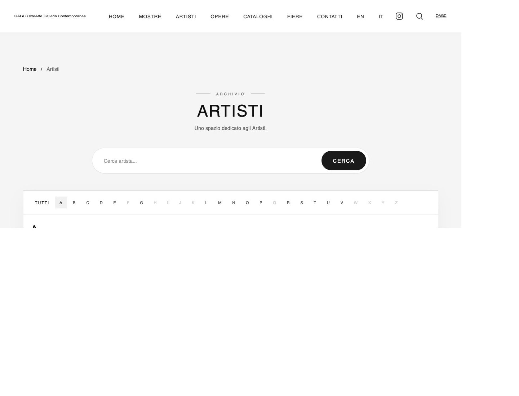 Artists section of the OltreArte website