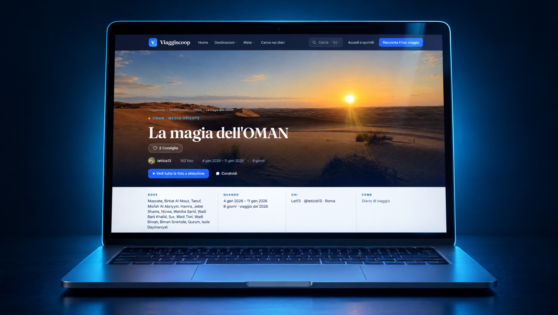 The diary “The magic of OMAN” open on the portal, with its 162 photographs