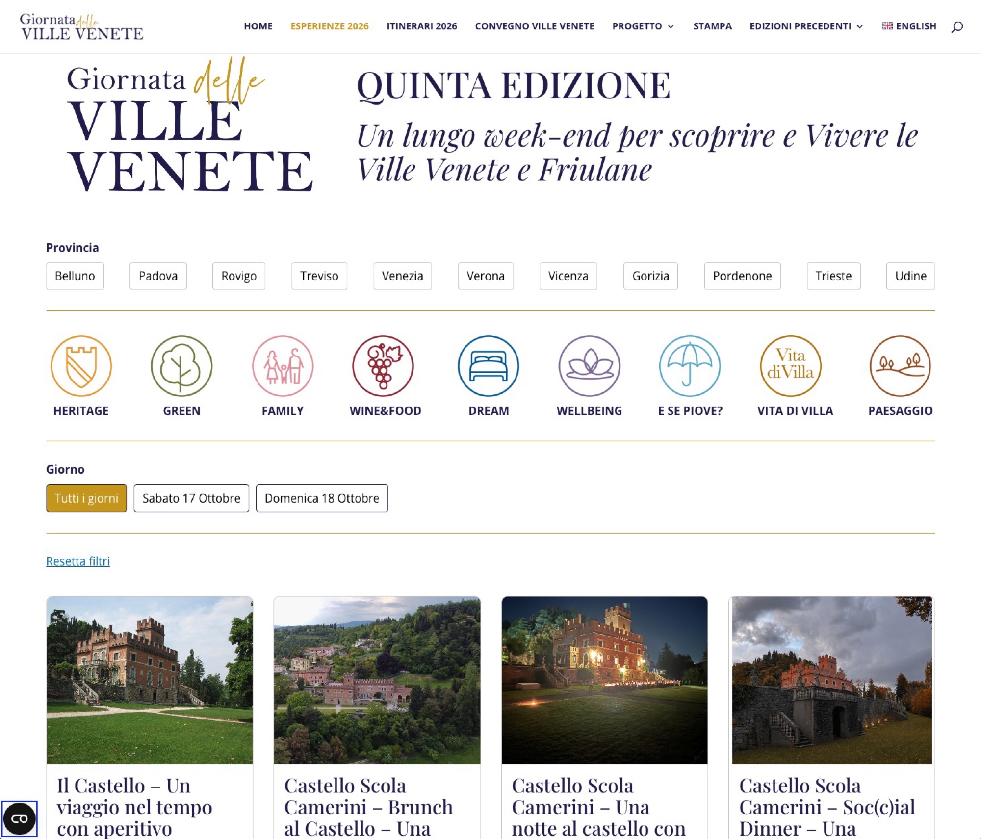 Piattaforma eventi con filtri provincia e categoria