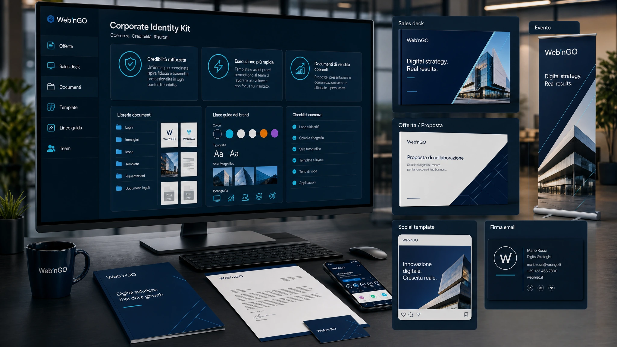 Dashboard Web’nGO corporate identity con offerte, sales deck, documenti, template e linee guida