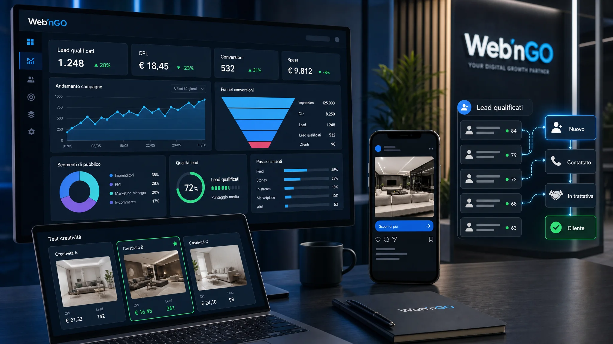 Web’nGO Meta Ads dashboard with funnel, creative, remarketing and qualified leads