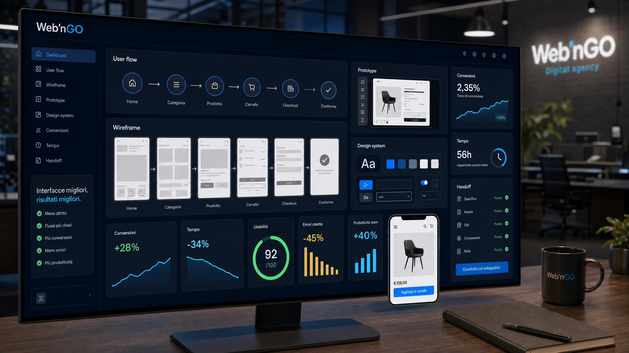 Dashboard Web’nGO UX UI design con user flow, wireframe, prototipo, componenti e conversioni